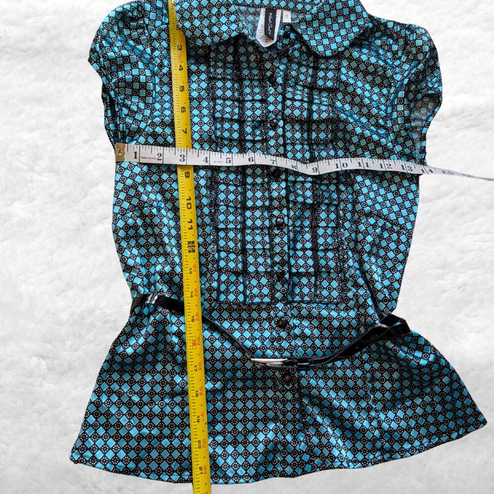 heart soul teal geometric satin belted blouse - Picture 3 of 5